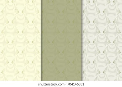 Geometric seamless patterns. Set of olive green backgrounds for wallpapers and fabrics. Vector illustration