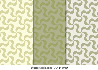 Geometric seamless patterns. Set of olive green backgrounds for wallpapers and fabrics. Vector illustration