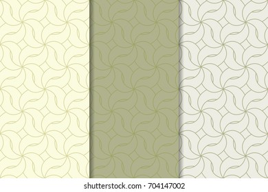 Geometric seamless patterns. Set of olive green backgrounds for wallpapers and fabrics. Vector illustration