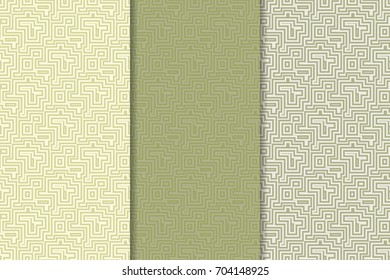 Geometric seamless patterns. Set of olive green backgrounds for wallpapers and fabrics