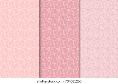 Geometric seamless patterns. Set of pale pink backgrounds for wallpapers and fabrics. Vector illustration