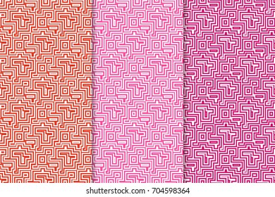 Geometric seamless patterns. Set of red and pink backgrounds for wallpapers and fabrics