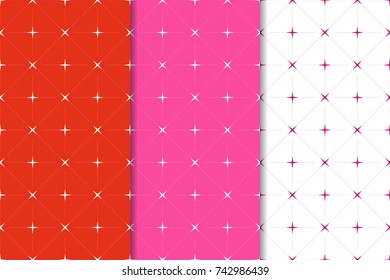 Geometric seamless patterns. Set of red and pink backgrounds for wallpapers and fabrics