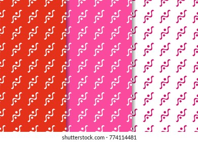 Geometric seamless patterns. Set of red backgrounds for wallpapers and fabrics. Vector illustration