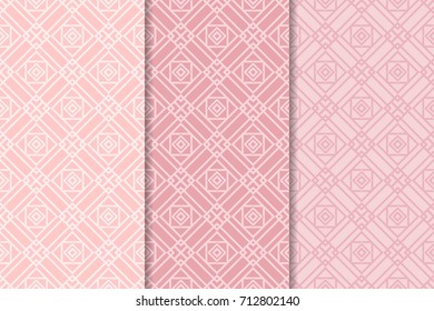 Geometric seamless patterns. Set of soft pink backgrounds for wallpapers and fabrics