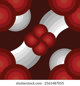 Geometric seamless patterns. Simple striped geometric pattern in red white silver. Circle, line rounded seamless pattern.