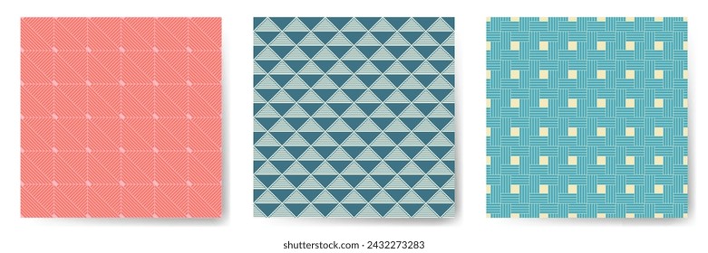 Geometric seamless patterns vector bundle. Modern repeated ornaments with square, triangle and rhombus shapes. Laconic geometry vector seamless backgrounds. Decorative wallpaper prints.