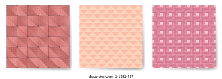 Geometric seamless patterns vector bundle. Art deco endless ornaments with square, triangle and rhombus shapes. Simple geometry vector seamless backgrounds. Stylish wallpapers.