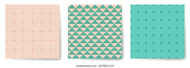 Geometric seamless patterns vector bundle. Art deco repeated ornaments with square, triangle and rhombus shapes. Simple geometry vector seamless backgrounds. Stylish wallpapers.