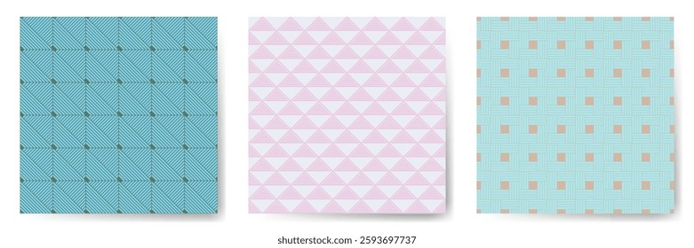 Geometric seamless patterns vector bundle. Art deco repeated ornaments with square, triangle and rhombus shapes. Minimal geometry vector seamless backgrounds. Interior fabric prints design.