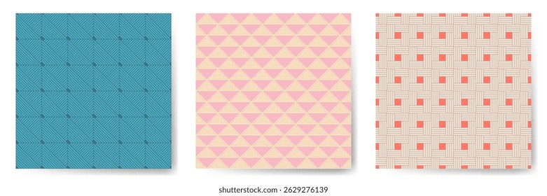 Geometric seamless patterns vector bundle. Art deco repeated ornaments with square, triangle and rhombus shapes. Simple geometry vector seamless backgrounds. Allover scrapbooking swatches.