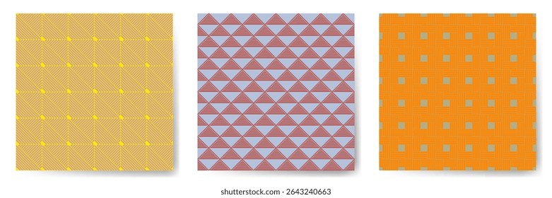 Geometric seamless patterns vector bundle. Art deco repeated ornaments with square, triangle and rhombus shapes. Cute geometry vector seamless backgrounds. Interior fabric prints design.