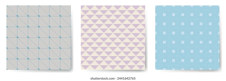Geometric seamless patterns vector collection. Art deco repeated ornaments with square, triangle and rhombus shapes. Urban geometry vector seamless backgrounds. Clothes textile print samples.