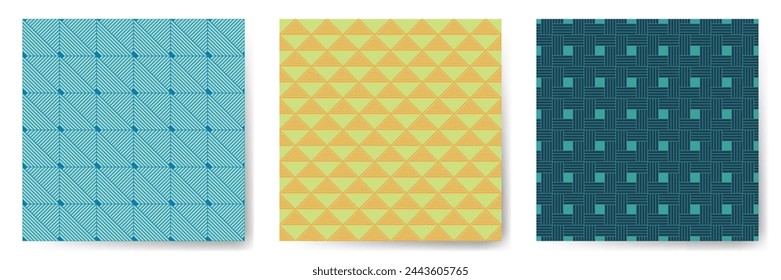 Geometric seamless patterns vector collection. Modern repeated ornaments with square, triangle and rhombus shapes. Laconic geometry vector seamless backgrounds. Wallpaper samples.