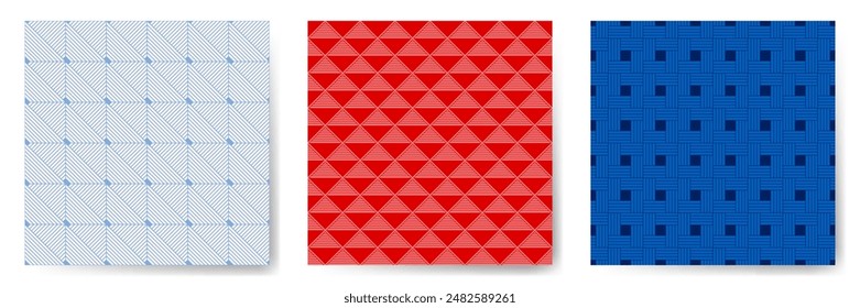 Geometric seamless patterns vector collection. Art deco endless ornaments with square, triangle and rhombus shapes. Laconic geometry vector seamless backgrounds. Clothes textile print samples.