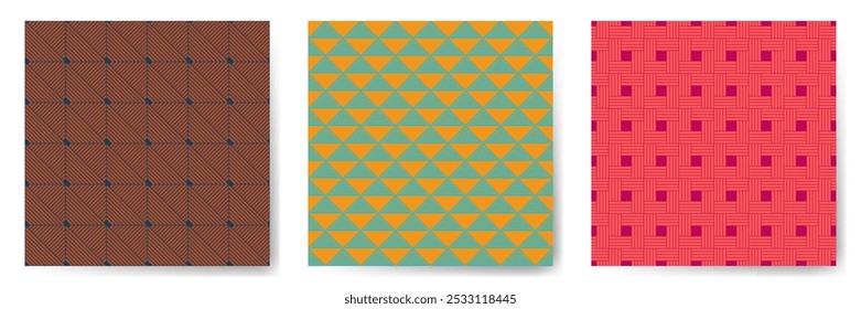 Geometric seamless patterns vector collection. Modern repeated ornaments with square, triangle and rhombus shapes. Simple geometry vector seamless backgrounds. Allover scrapbooking swatches.