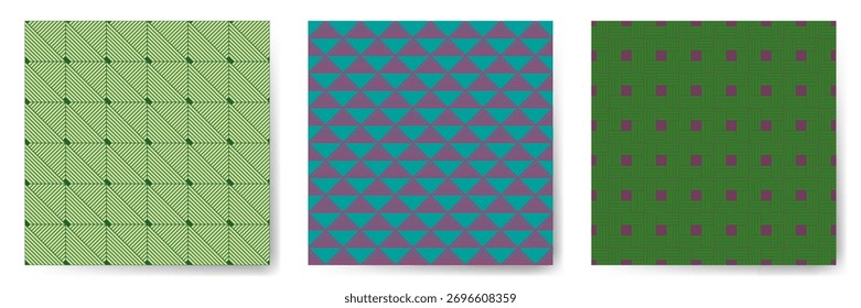 Geometric seamless patterns vector collection. Art deco repeated ornaments with square, triangle and rhombus shapes. Cute geometry vector seamless backgrounds. Clothes textile print samples.