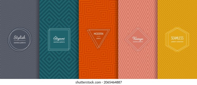 Geometric seamless patterns. Vector set of stylish pastel backgrounds with elegant minimal labels. Abstract modern line ornament textures. Trendy color palette. Design for print, decor, package, web