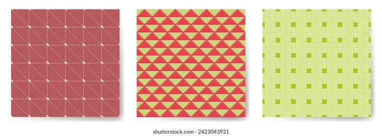 Geometric seamless patterns vector set. Art deco repeated ornaments with square, triangle and rhombus shapes. Urban geometry vector seamless backgrounds. Wallpaper samples.