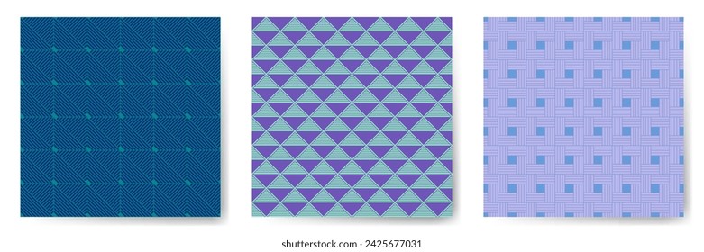 Geometric seamless patterns vector set. Art deco endless ornaments with square, triangle and rhombus shapes. Minimal geometry vector seamless backgrounds. Allover scrapbooking swatches.