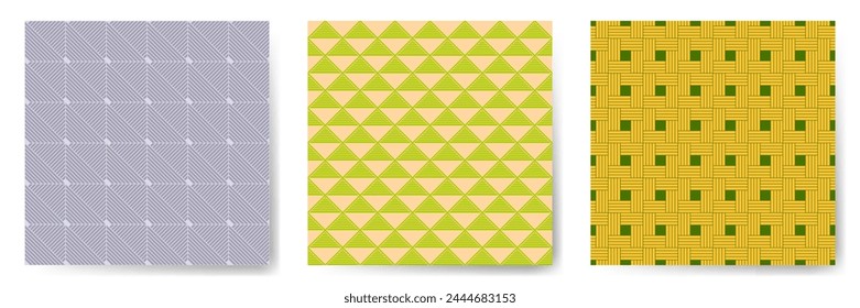 Geometric seamless patterns vector set. Art deco repeated ornaments with square, triangle and rhombus shapes. Laconic geometry vector seamless backgrounds. Decorative wallpaper prints.