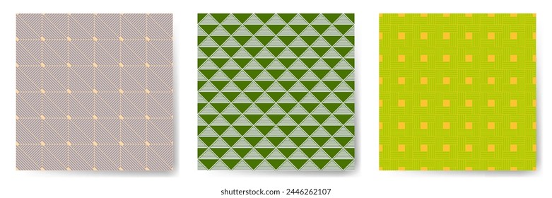 Geometric seamless patterns vector set. Art deco endless ornaments with square, triangle and rhombus shapes. Simple geometry vector seamless backgrounds. Wallpaper samples.