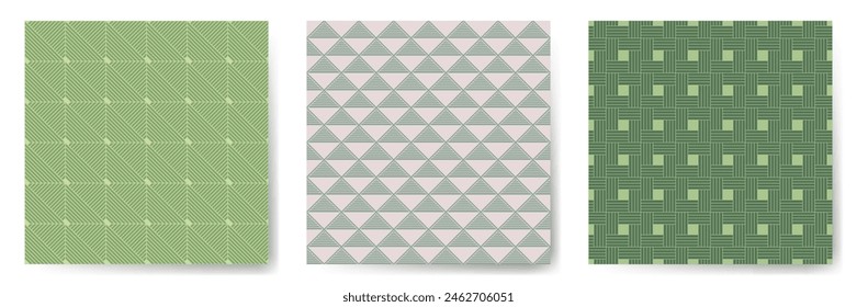 Geometric seamless patterns vector set. Art deco repeated ornaments with square, triangle and rhombus shapes. Urban geometry vector seamless backgrounds. Clothes fabric print samples.