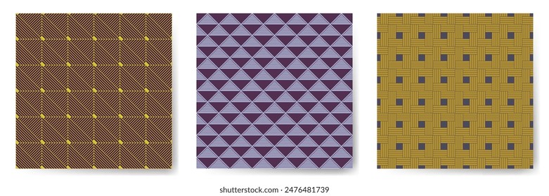 Geometric seamless patterns vector set. Art deco repeated ornaments with square, triangle and rhombus shapes. Cute geometry vector seamless backgrounds. Clothes textile print samples.