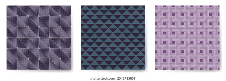 Conjunto de Vector de patrones geométricos sin costuras. Ornamentos interminables art déco con Formas cuadradas, triangulares y rombos. Lindo Vector de geometría fondos sin costuras. Muestras de impresión de tela de ropa.