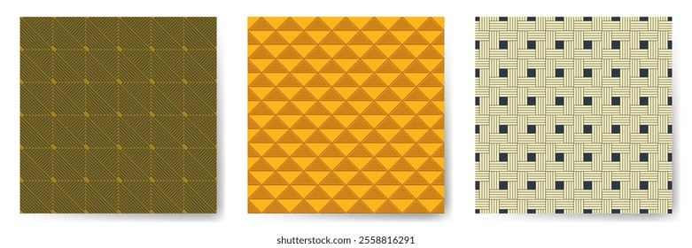 Geometric seamless patterns vector set. Art deco endless ornaments with square, triangle and rhombus shapes. Laconic geometry vector seamless backgrounds. Allover scrapbooking swatches.