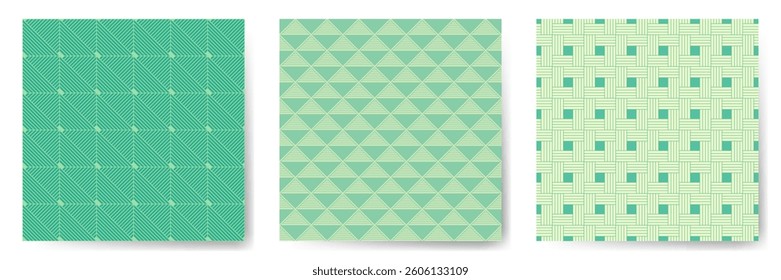 Geometric seamless patterns vector set. Art deco repeated ornaments with square, triangle and rhombus shapes. Laconic geometry vector seamless backgrounds. Clothes fabric print samples.