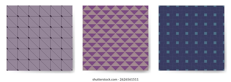 Geometric seamless patterns vector set. Art deco repeated ornaments with square, triangle and rhombus shapes. Laconic geometry vector seamless backgrounds. Clothes textile print samples.