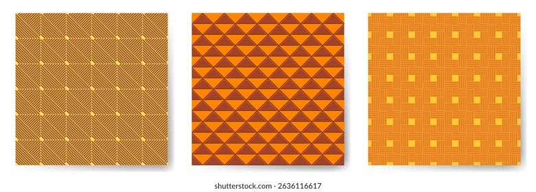 Geometric seamless patterns vector set. Modern repeated ornaments with square, triangle and rhombus shapes. Cute geometry vector seamless backgrounds. Clothes textile print samples.