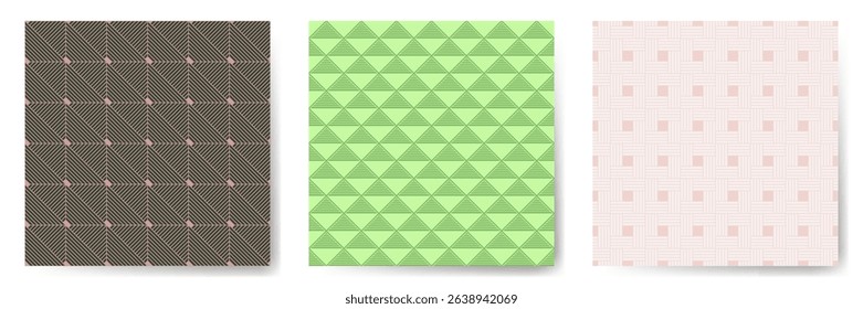 Geometric seamless patterns vector set. Art deco repeated ornaments with square, triangle and rhombus shapes. Urban geometry vector seamless backgrounds. Allover scrapbooking swatches.