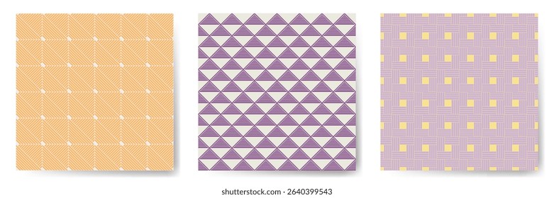 Geometric seamless patterns vector set. Modern repeated ornaments with square, triangle and rhombus shapes. Cute geometry vector seamless backgrounds. Clothes fabric print samples.
