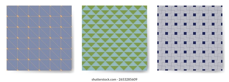 Geometric seamless patterns vector set. Modern repeated ornaments with square, triangle and rhombus shapes. Urban geometry vector seamless backgrounds. Kitchen textile prints design.