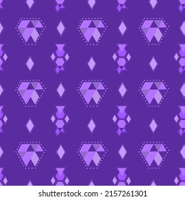 Geometrisches Nahtloses violettes Hintergrundbild, kat-nahtlose Muster. Helles violettes Muster im Tribal-Stil, Boho-Mode, Moderner Ethnischer Stil. Stoffmuster