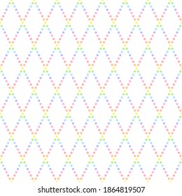 Geometric seamless rainbow rhombus pattern on white background. Abstract diamond vector pattern from dots. Simple vector illustration. Geometric design for fabric, wallpaper, scrapbooking, textile