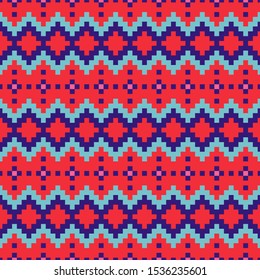 Geometric seamless red blue chevron pattern pixel blocks shapes texture. Bright colors vector fabric background.