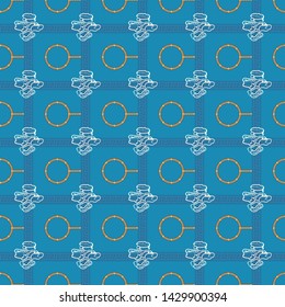 Geometric seamless repeat pattern. Vector illustration of stylized sheep ankle bones in cream, gold chain circles and checkered traditional indigo ornaments on turquoise, aqua background.