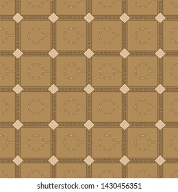 Geometric seamless repeat pattern. Vector illustration of rhombuses, gold chain circles and checkered traditional ornaments in cream, olive, tan and brown.