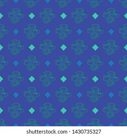 Geometric seamless repeat pattern. Vector illustration of stylized sheep ankle bones and rhombuses in blue, green, aqua and navy.