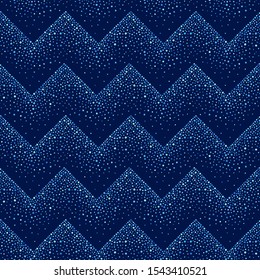 Geometric seamless repeat vector dot pattern. Zigzag stripes, chevron ornamentation, made of round spots, uneven hand drawn dots, sparks, blobs, beads. Dark blue colorful border, frame template.
