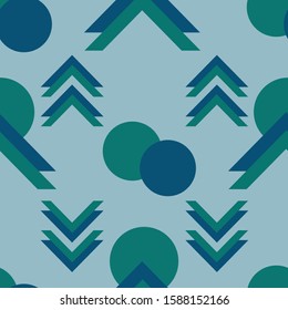 Geometric seamless repeat vector pattern. Chevrons and circles. A teal color palette. Modern and clean lines.