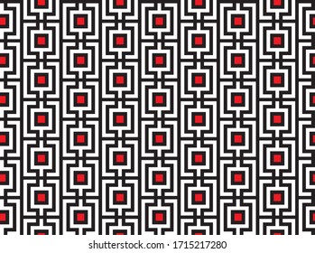 Geometric seamless repeatable striped rectangular pattern with red squares. Cell, grid with lines background. Tiles. Latticed geometric texture. Vector art