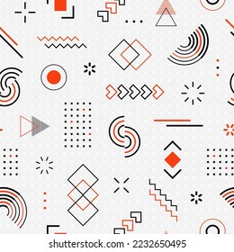 Geometric seamless seamless. Repeating abstract memphis background. Repeated geometry shape for design prints. Check scatter ornament. Mark repeat shapes. Сheerful geo backdrop. Vector illustration