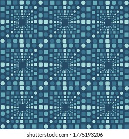 Geometric seamless repeating pattern of blue squares and circles creating an ornament