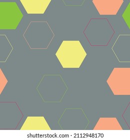 Geometric seamless repeating pattern with hexagon shapes in gray, pink and orange pastel colors.  Honeycomb shapes mosaic backdrop.