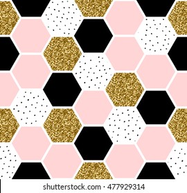 Geometric Seamless Repeating Pattern With Hexagon Shapes In Pastel Pink, Black, Gold Glitter And Hand Drawn Dots Texture.