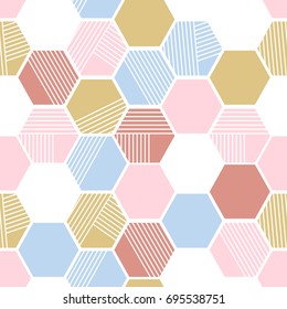 Geometric seamless repeating pattern with hexagon shapes in pastel pink, light blue and autumn trendy colors.